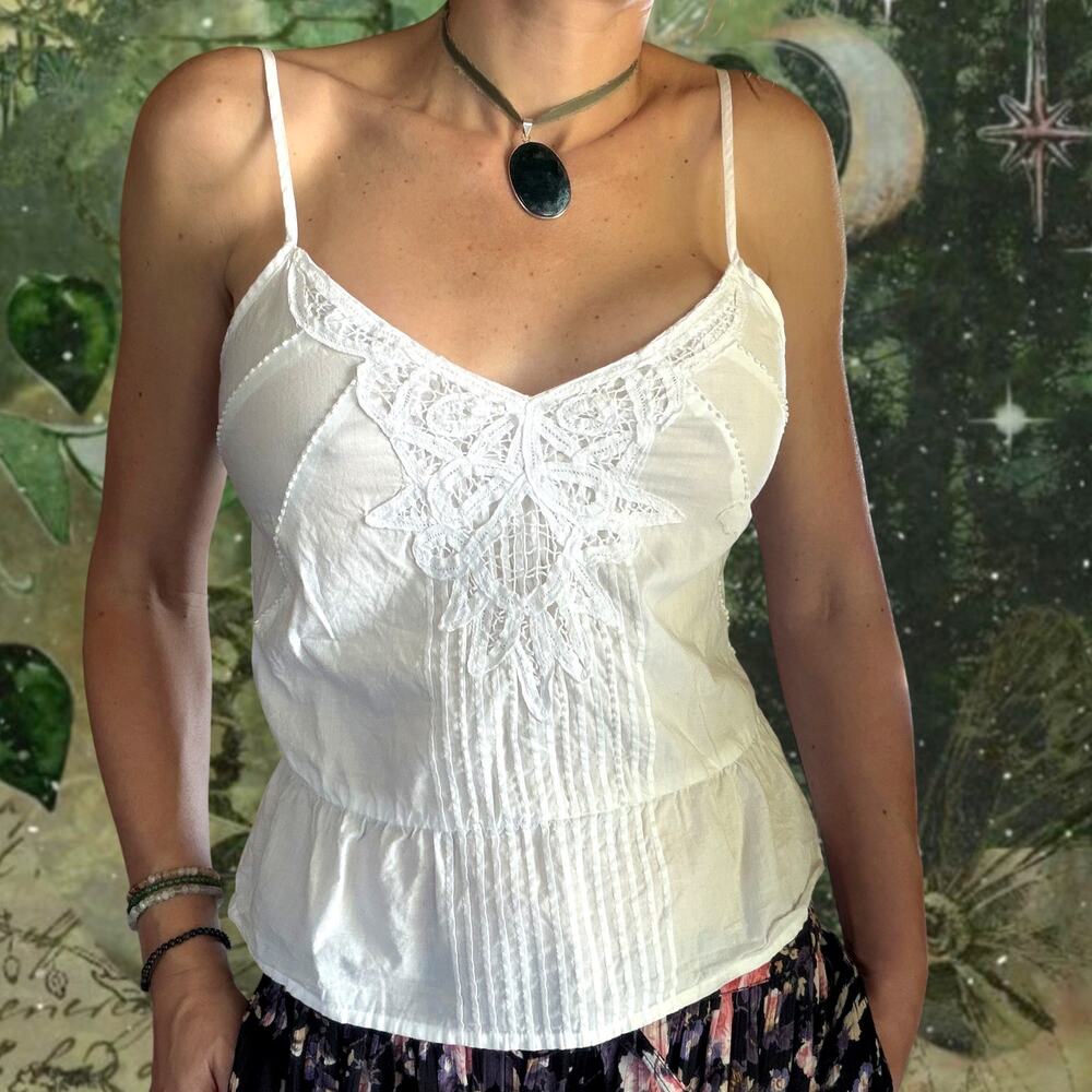 Y2K White Lace Beaded Cami Top Romantic Fairy Edwardian Style M